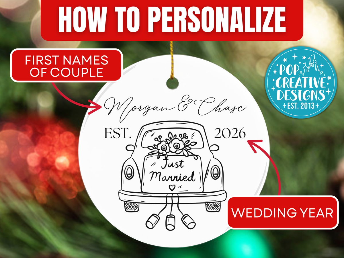 Personalized Just Married Car Ornament – Custom Newlywed Christmas Keepsake
