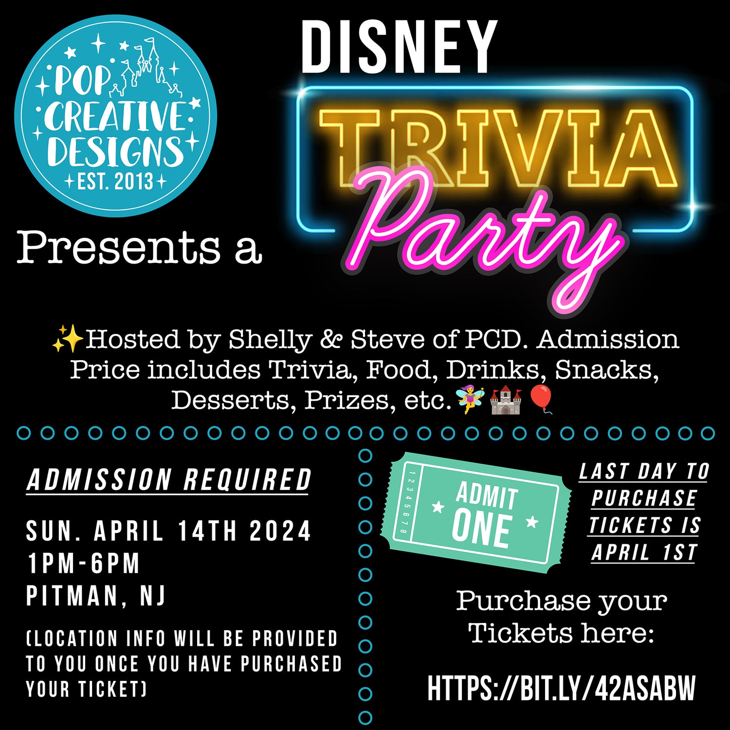 Ticket for PCD Presents a Disney Trivia Party April 14, 2024 Event