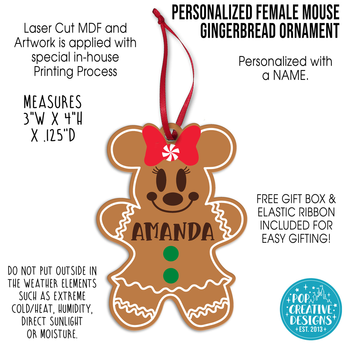 Personalized Female Mouse Gingerbread Ornament – Custom Christmas Ornament