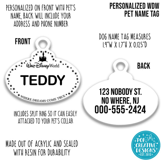 π° Personalized WDW-Inspired Pet ID Tag β Custom Dog & Cat Name Tag with Contact Info β Durable Acrylic Resin Collar Tag