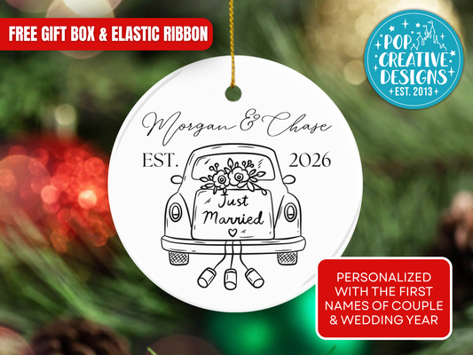 Personalized Just Married Car Ornament – Custom Newlywed Christmas Keepsake