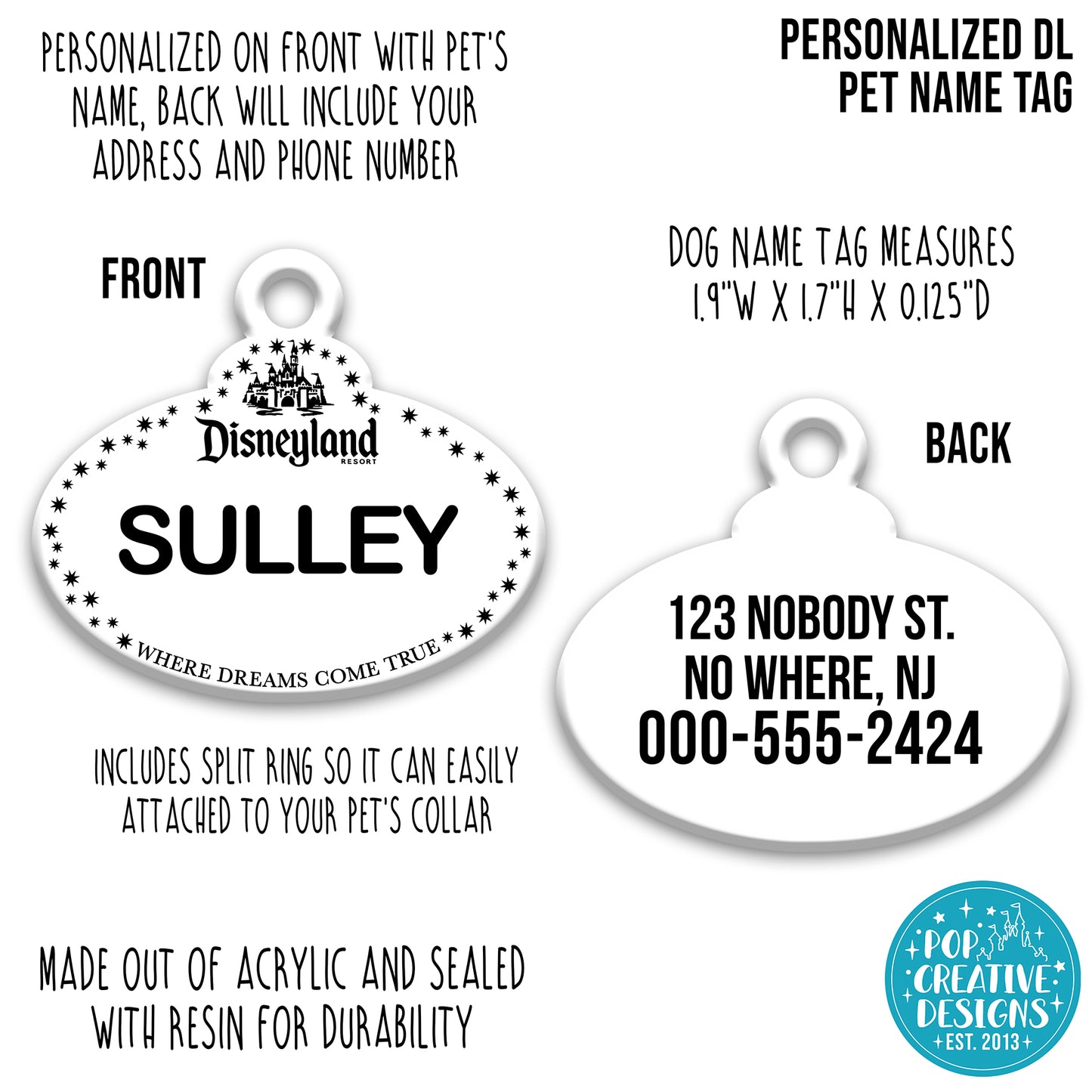 🏰 Personalized DL-Inspired Pet ID Tag – Custom Dog & Cat Name Tag with Contact Info – Durable Acrylic Resin Collar Tag