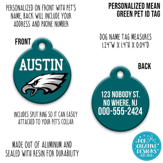🦅🏈 Personalized Mean Green Pet ID Tag – Custom Dog & Cat Name Tag with Contact Info – Durable Acrylic Resin Collar Tag for Football Fans
