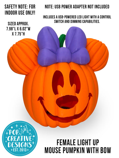 🎀 Female Light Up Mouse Pumpkin with Bow | Halloween Decor