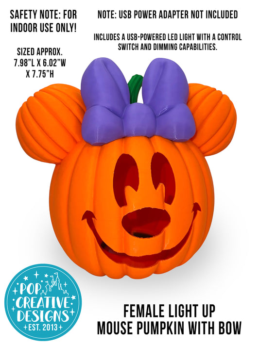 🎀 Female Light Up Mouse Pumpkin with Bow | Halloween Decor
