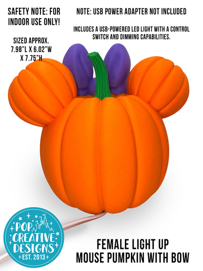 🎀 Female Light Up Mouse Pumpkin with Bow | Halloween Decor