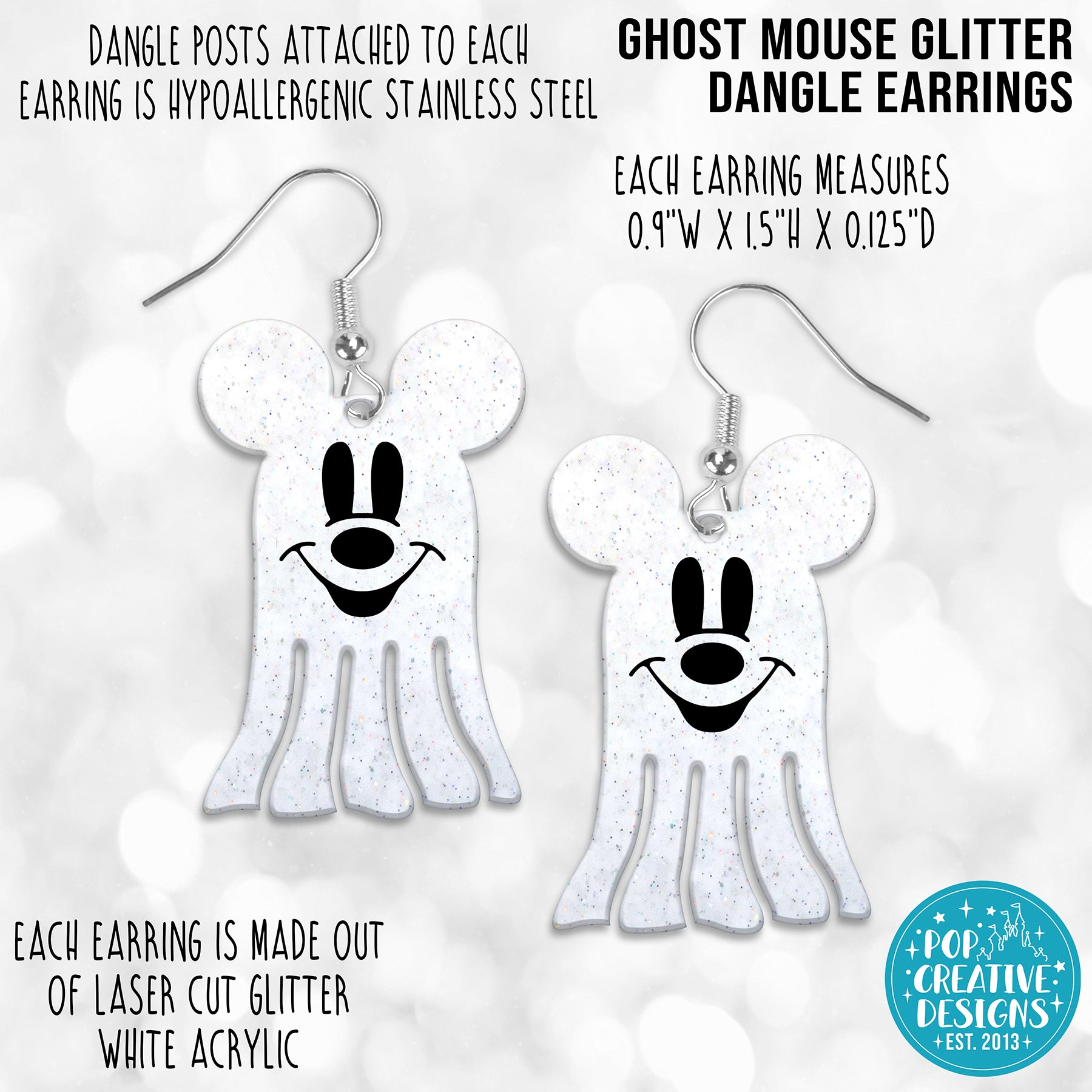 Ghost Mouse Glitter Dangle Earrings