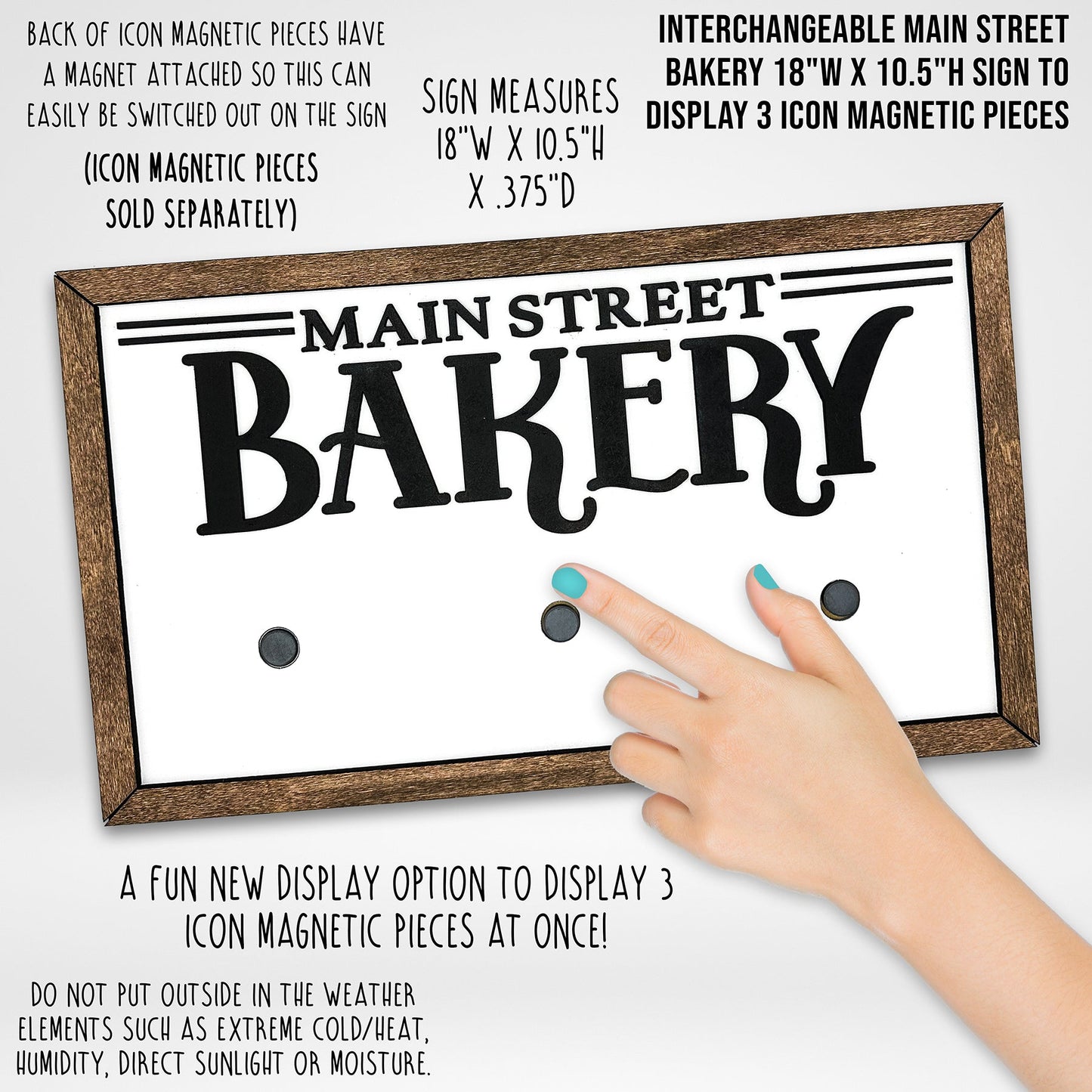 Interchangeable Main Street Bakery 18"W x 10.5"H Sign To Display 3 Icon Magnetic Pieces