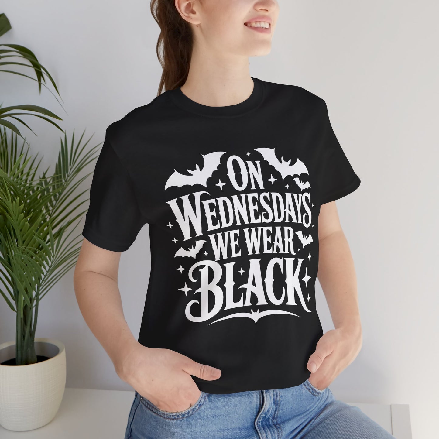 On Wednesdays We Wear Black Unisex Jersey Short Sleeve T-Shirt - Casual Comfort, Everyday Fashion, Gift for Him/Her, Birthday, Party Wear