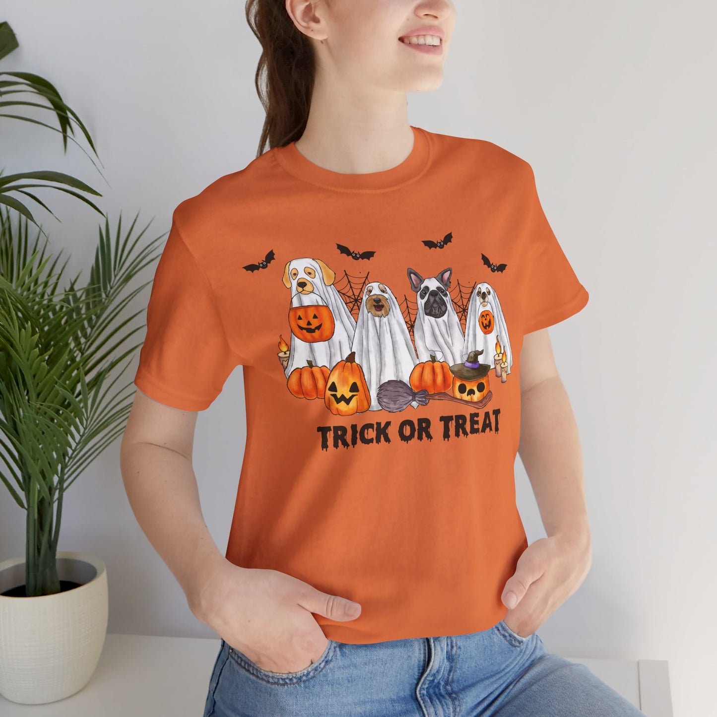 Dogs Halloween Trick or Treat Shirt, Unisex Tee for Halloween Party, Dog Lover Gift, Fall Festival Apparel, Spooky Season T-Shirt