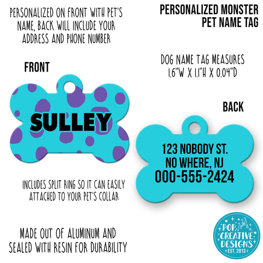 🩵 Personalized Monster Pet ID Tag – Custom Dog & Cat Name Tag – Durable Double-Sided Acrylic Resin Tag