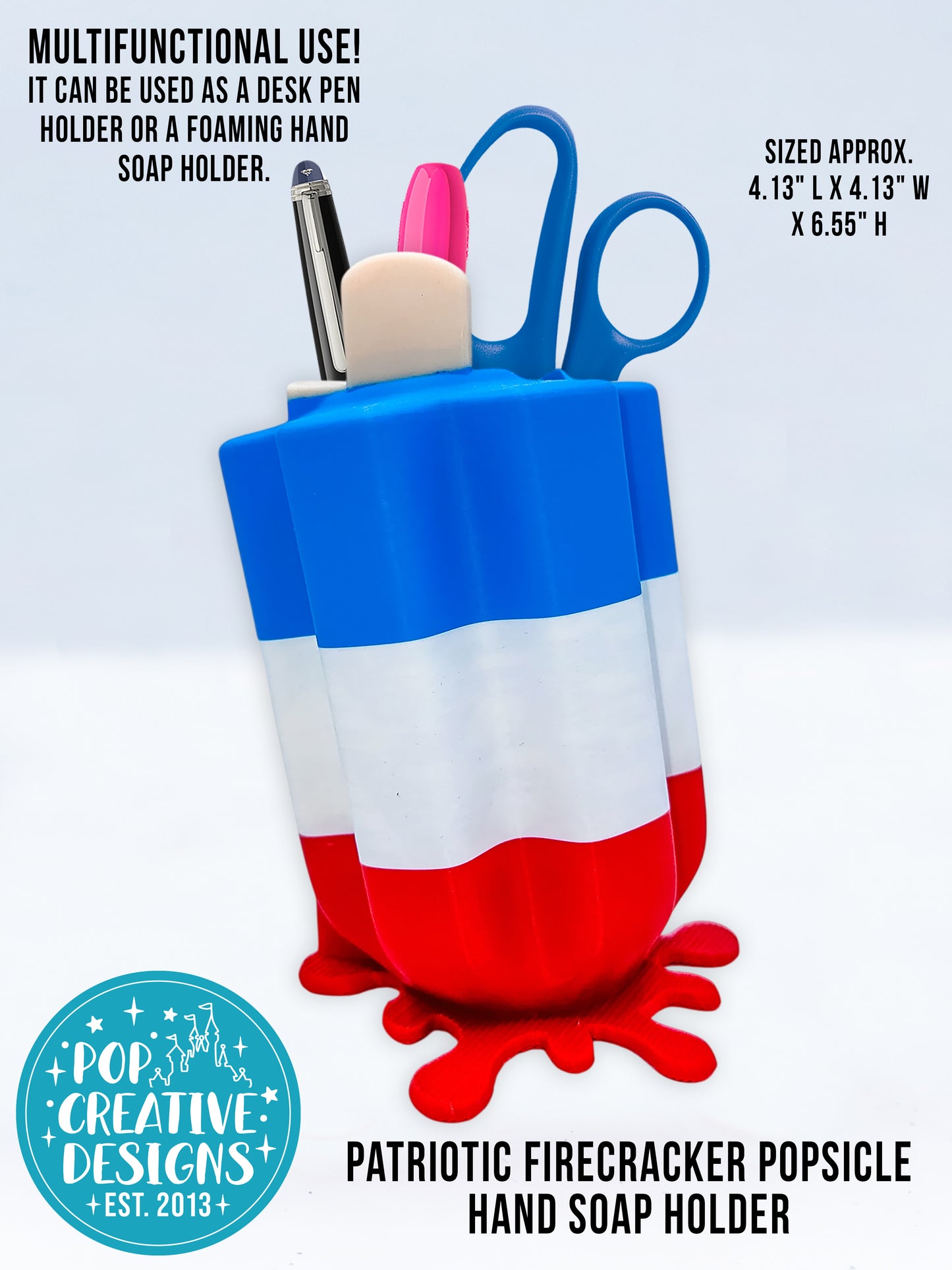 Patriotic Firecracker Popsicle B&BW Foaming Hand Soap Holder OR Desk Organizer | Red White & Blue Soap Holder