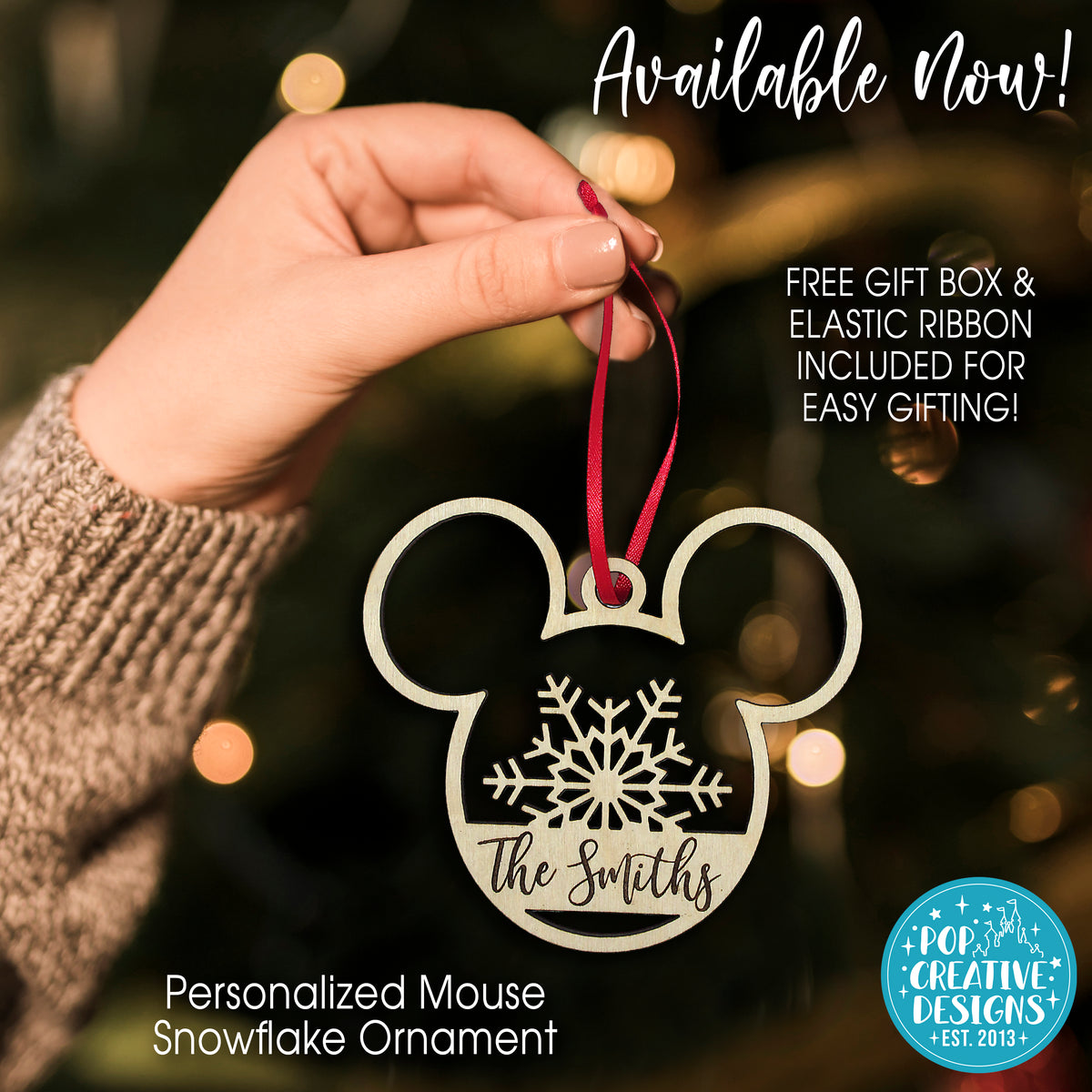 Personalized Mouse Snowflake Ornament – Custom Family Name Wooden Christmas Ornament