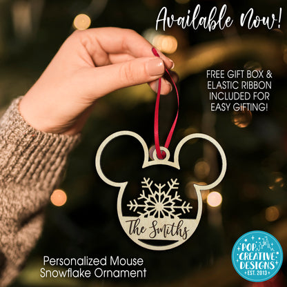 Personalized Mouse Snowflake Ornament – Custom Family Name Wooden Christmas Ornament