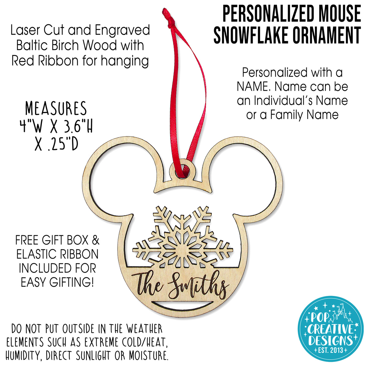 Personalized Mouse Snowflake Ornament – Custom Family Name Wooden Christmas Ornament