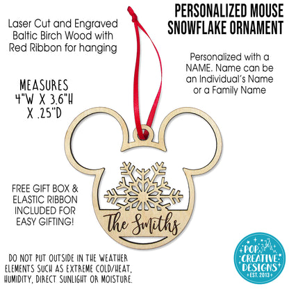 Personalized Mouse Snowflake Ornament – Custom Family Name Wooden Christmas Ornament