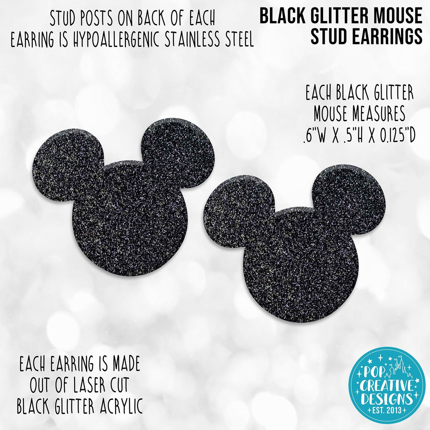 Black Glitter Mouse Stud Earrings
